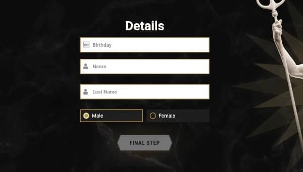 Enter personal details, including your date of birth, name, and gender on Casinoly Casino