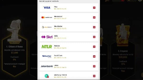 choose banking methods at Casinoly Casino