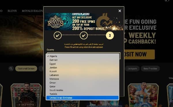 Choose the UAE as your country and fill out the requested address information on Royals Casino