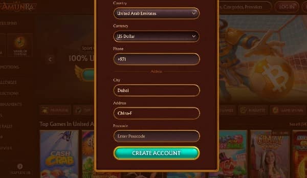 Enter your country, currency, phone number and provide your address details on Amunra Casino