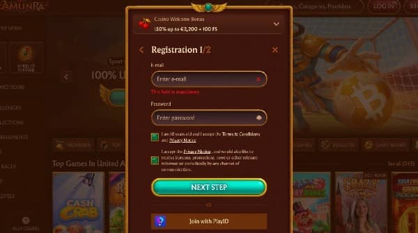 Enter your email address, create a password, and accept the terms of service on Amunra Casino