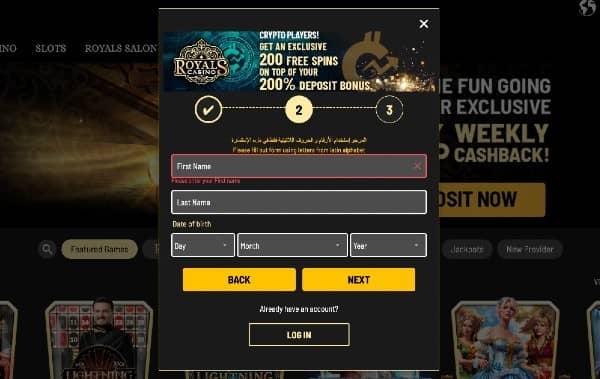 Fill out the form with your name and date of birth on Royals Casino