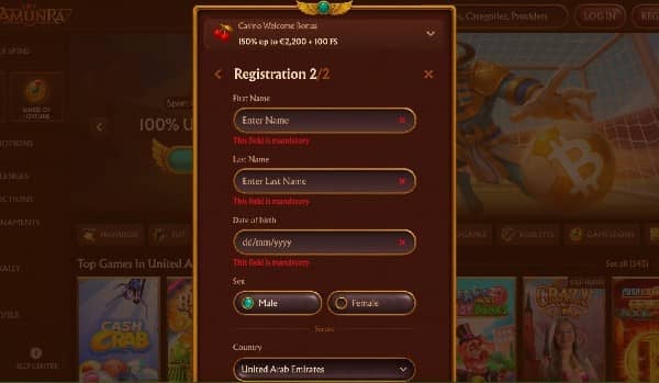 Fill out your name, date of birth, and gender on Amunra Casino