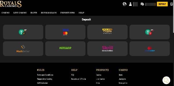 choose banking methods at Royals Casino