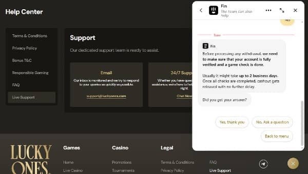Customer Support at Lucky Ones Casino
