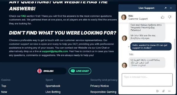 Customer Support at  PlayZilla Casino