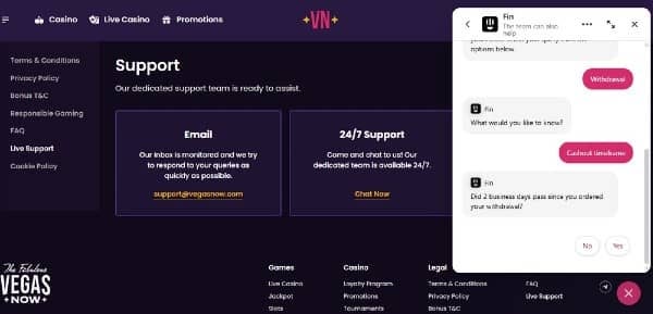 Customer Support at Vegas Now Casino