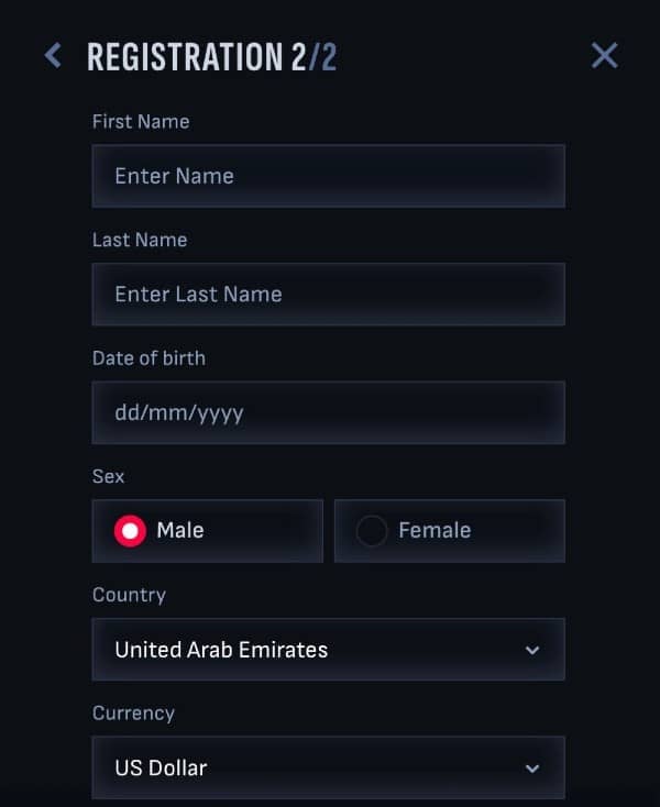 Enter your personal details, country, and currency on Mafia Casino