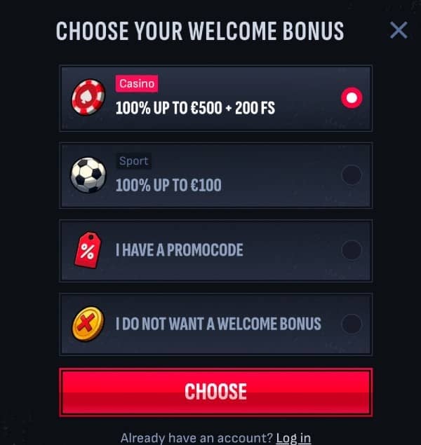 choose the casino bonus on Mafia Casino 