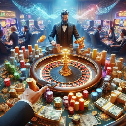 a casino player in front of a roulette wheel and chips makes bets