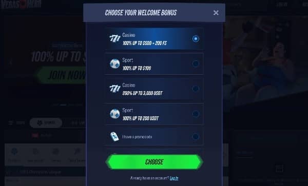 Choose the casino, sportsbook, or cryptocurrency welcome offer on Vegas Hero Casino