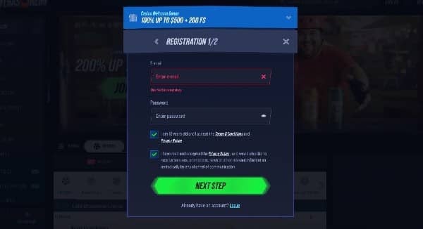 Enter your email and password, then accept the T&Cs on Vegas Hero Casino