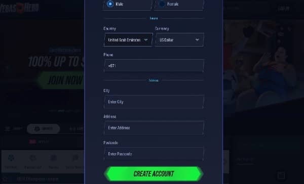 Fill out your name, date of birth, gender, select your country and preferred currency, provide your address information on Vegas Hero Casino