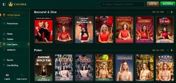 check live dealer games in Casinia Casino