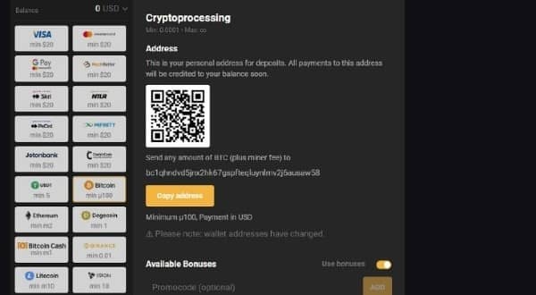 Deposit your cryptocurrency and play