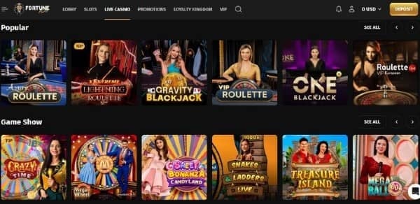 check live dealer games in FortunePlay Casino