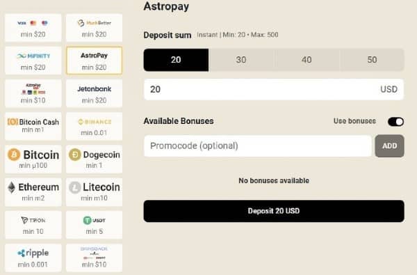 Open the cashier and choose AstroPay.