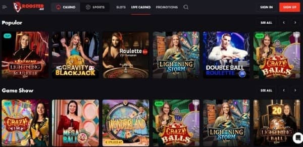 check live dealer games in Rooster Bet Casino