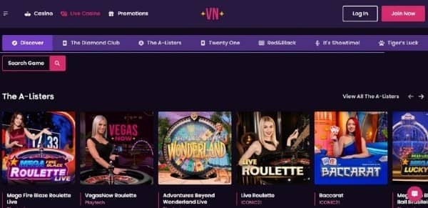check live dealer games in VegasNow Casino