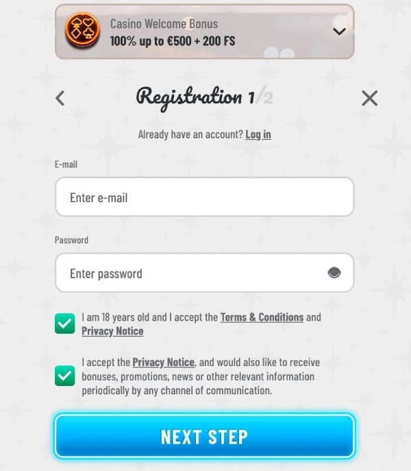 Enter your email, create a password, and accept terms on Wyns Casino