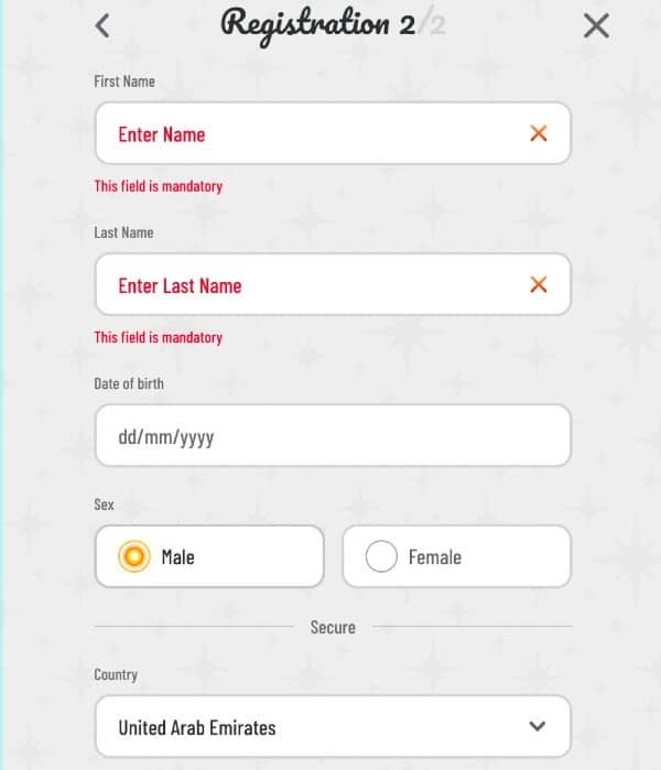 Fill in your personal details, such as name, gender, and date of birth on Wyns Casino