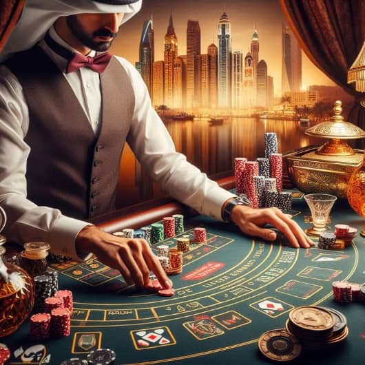 A croupier sits at a blackjack table, with Dubai's skyscrapers in the background