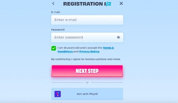 Enter your email, password, and accept the terms of service on OnlySpins casino