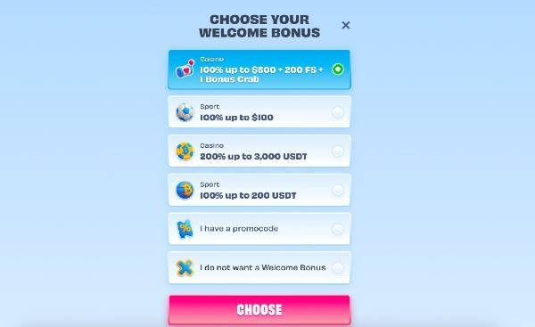 choose the welcome bonus on the OnlySpins Casino Register page