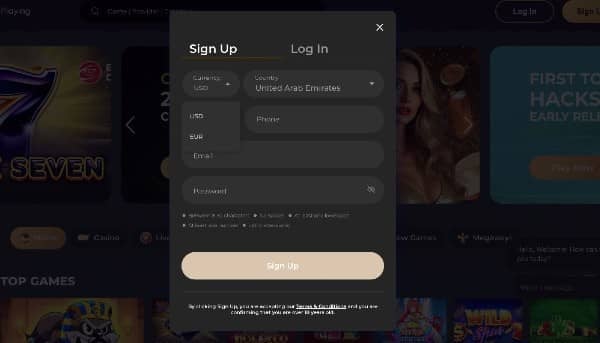 select preferred currency, enter a phone number, email, and password on GCPlaying casino