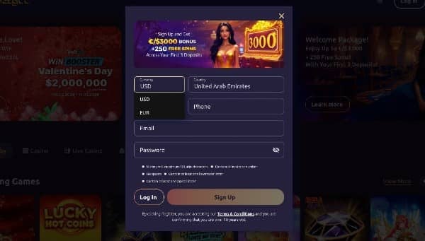 select preferred currency, enter a phone number, email, and password on BetGCC casino