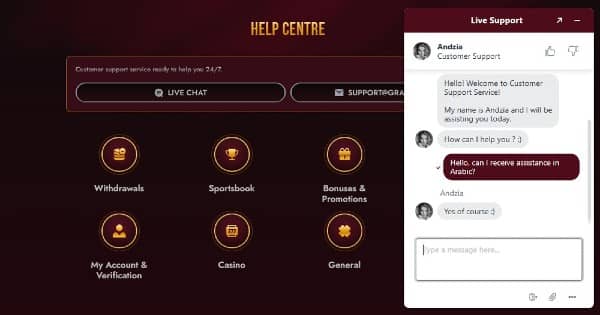 Customer Support at Grand Club Casino