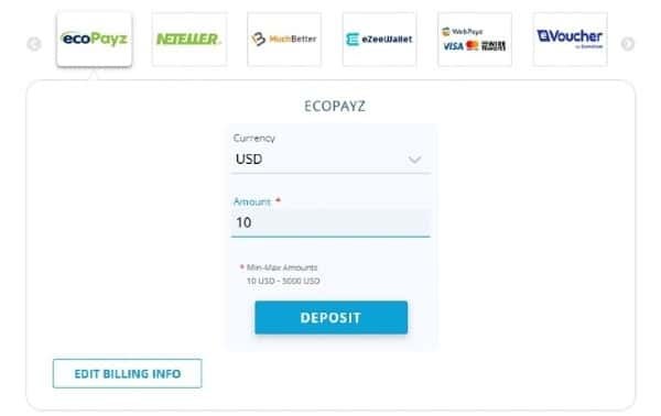 Sign up and choose ecoPayz at the cashier.