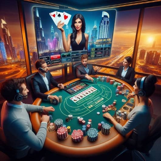 Players are sitting at a poker table and a Live Dealer poker broadcast is on the screen