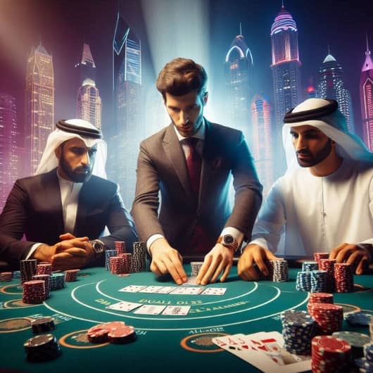 A croupier plays a game with two players against a backdrop of skyscrapers