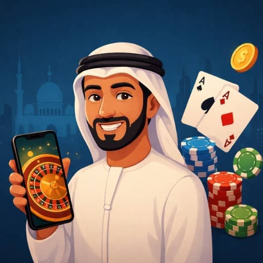 رجل يحمل هاتفاً، على خلفية من أوراق اللعب ورقائق المراهنة.