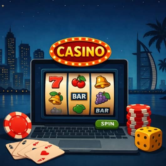 حاسوب محمول يعرض كازينو إلكترونياً، تتخذه خلفيةً ناطحاتُ سحابٍ، ورقائقُ لعبٍ، وأوراقُ لعبٍ، وحجرُ نردٍ.