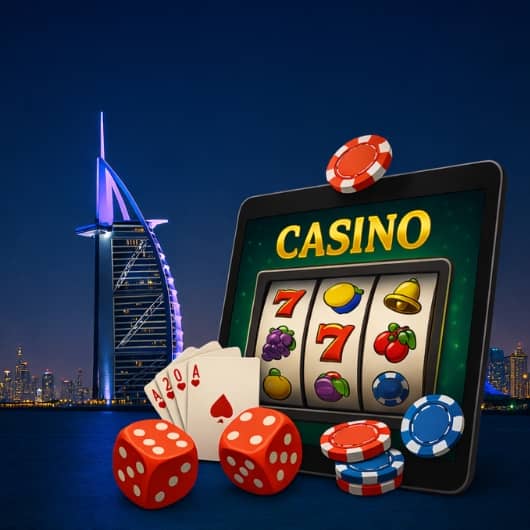 جهاز لوحي، وبطاقات، ونرد، ورقائق، على خلفية دبي